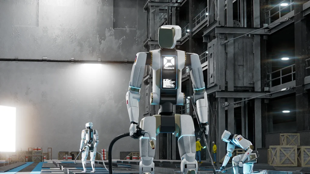 Humanoid Robots In Construction This is an image of a white Persona AI humanoid standing in a shipyard